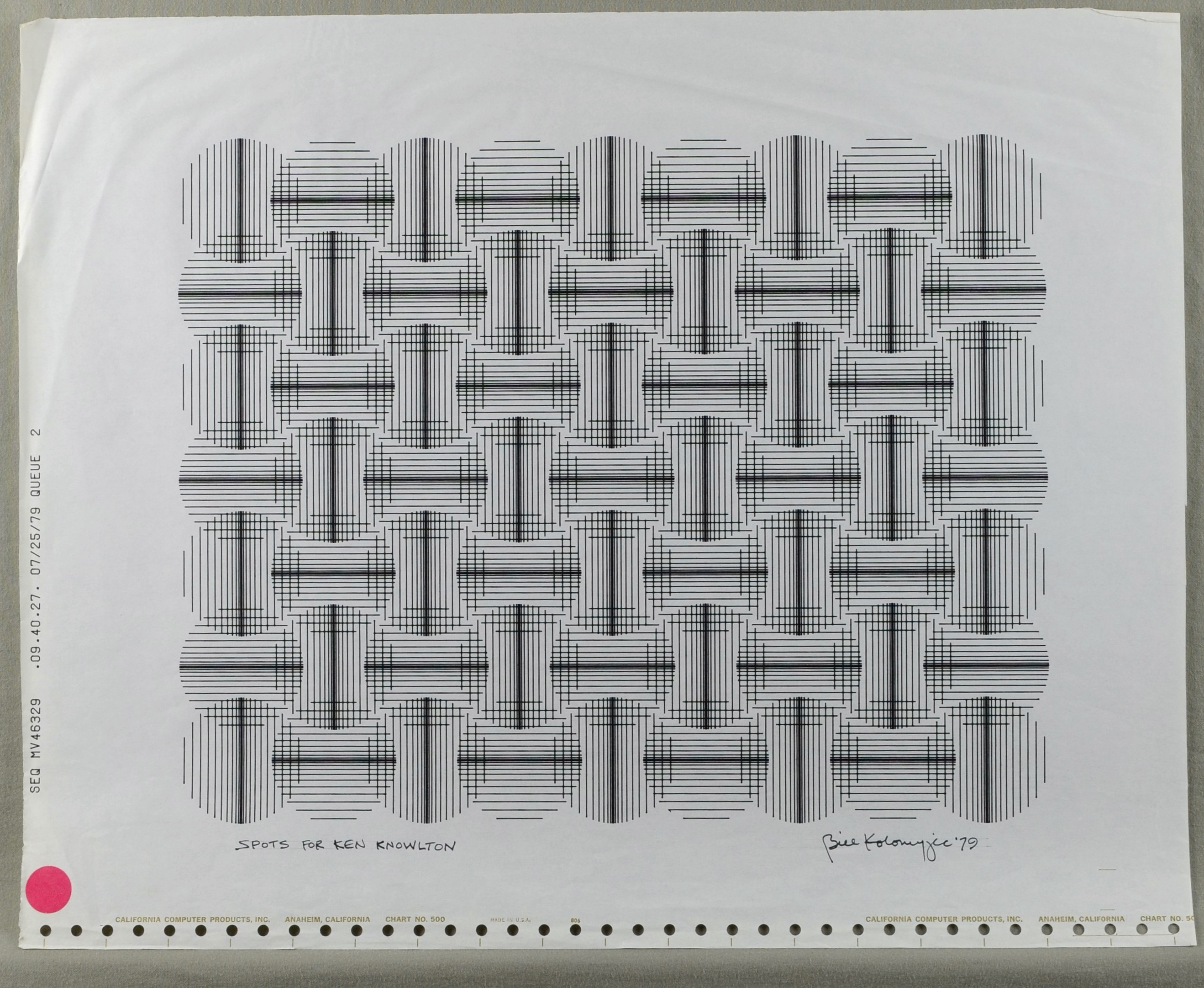 Plotter drawing by Bill Kolomyjec, dedicated to Ken Knowlton